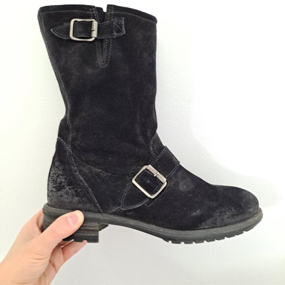 Paul Green Black Suede Distressed Moto Fall Boots Zipper Buckle - Picture 2 of 13